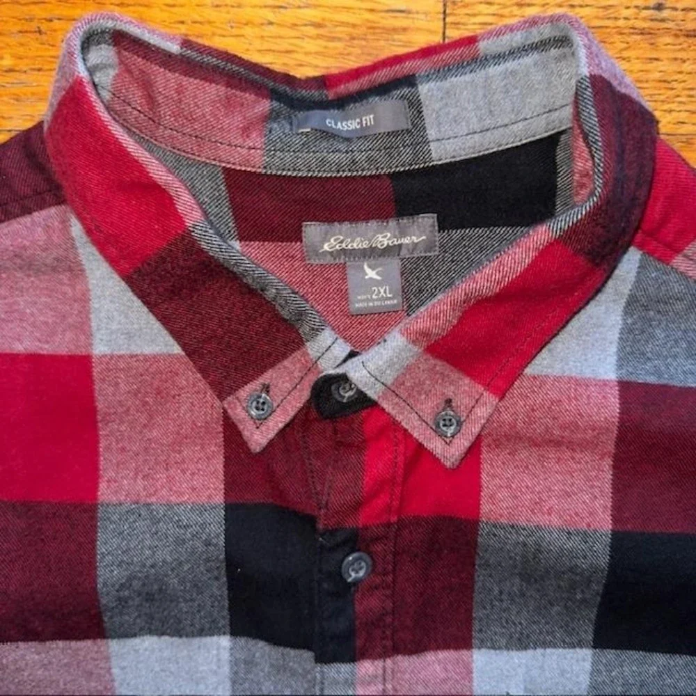 Eddie Bauer Mens‎ 2XL Classic Fit Flannel Shirt Plaid Button Up Red Gray